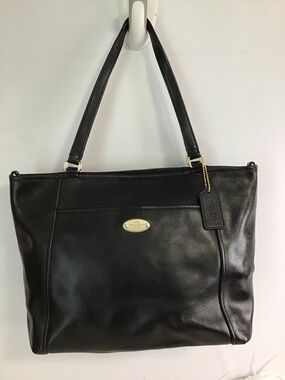 Coach Black Leather Tote with Gold Accent Plaque
